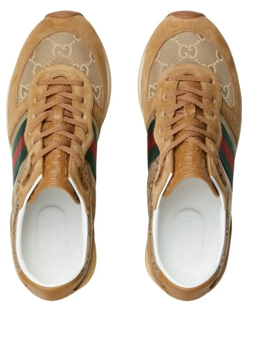 Gucci Men’s Tan Suede & Beige Monogram Sneakers with Green-Red Web Stripe